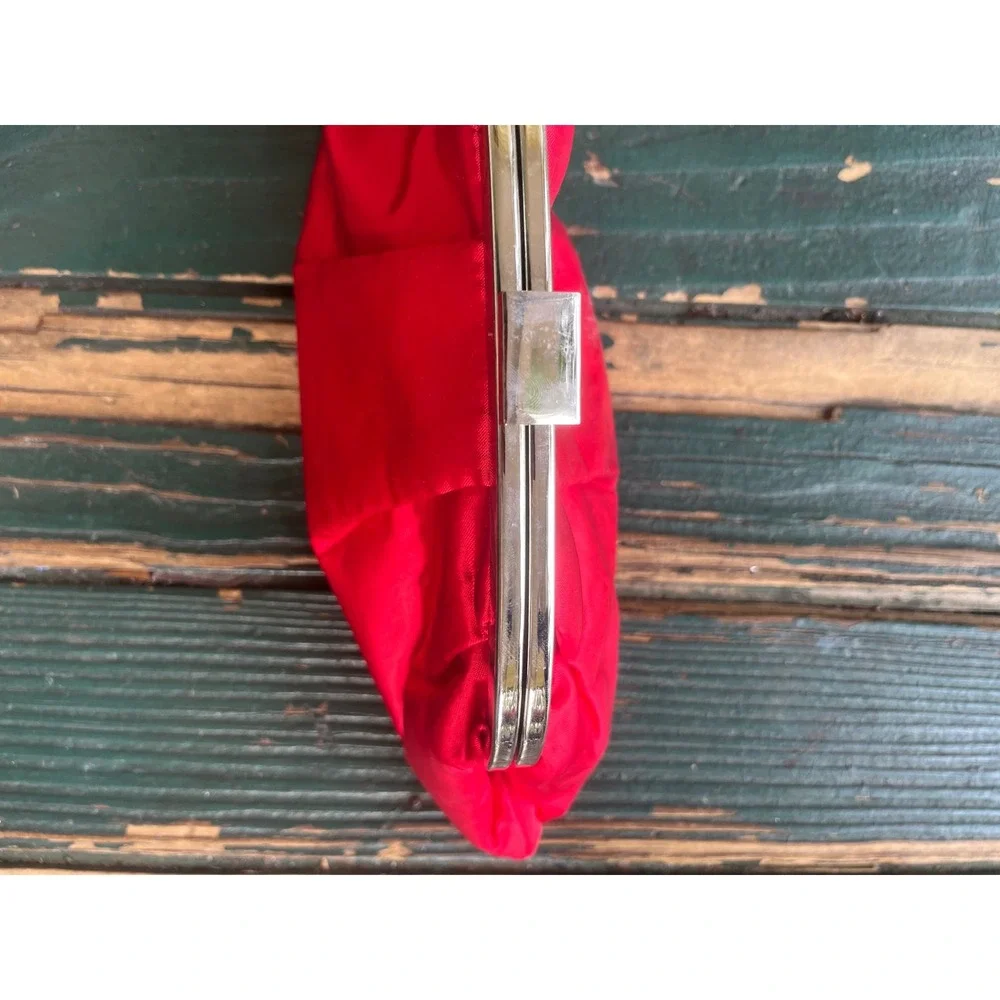 Vintage Red Satin Pleated Evening Clutch Bag Silver Frame Formal Handbag